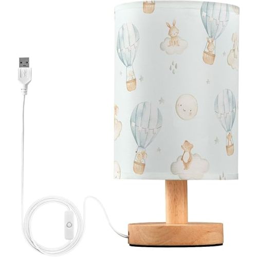 Table Lamp Watercolor Hot Air Balloon Elephant Rabbit Bear Mouse Moon Star Nightstand Lamp with Wood Base Fabric Lamp Shade Bedside Desk Lamp for Living Room Bedroom Kids Room Office