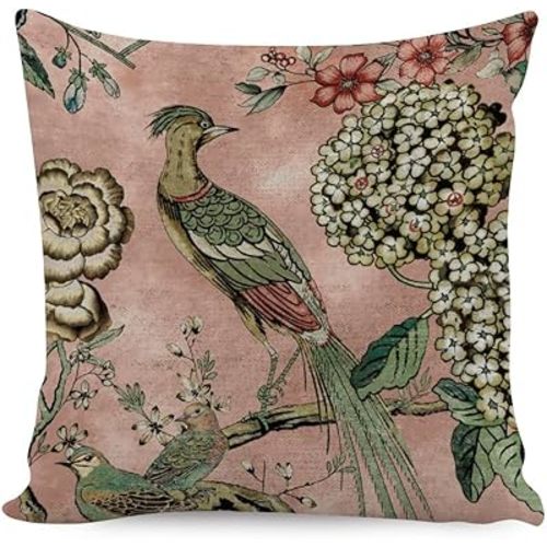 ArogGeld Blush Cushion Cover Chinoiserie Pillow Animal Vintage Bird Flower Asian Throw Pillow Covers Double Side Farmhouse Accent Home Decorative Toss for Living Room Sofa White Linen 18Inch