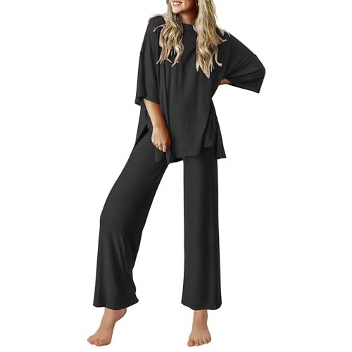 Ekouaer Lounge Sets for Women Short Sleeve Tops and Long Pants Soft Comfy Pajamas Set 2 Piece Outfits S-XXL