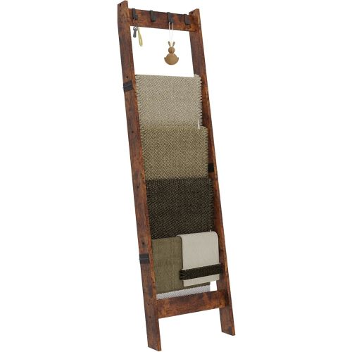 Blanket Ladder Shelf for Living Room and Bedroom, 6 Tier, 5.2ft Blanket Quilt Holder Rack with 4 Metal Hooks, Farmhouse Ladder Rack for Storage and Home Decor, Rustic Brown