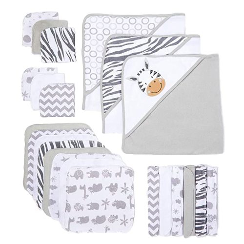 Spasilk 23-Piece Soft Terry Hooded Bath Towel and Washcloth Gift Set, 3 Baby Towels and 20 Baby Washcloths for Newborn Boys and Girls, Baby Bath Essentials, Ideal Baby Shower Gifts, White Zebra