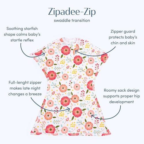 SleepingBaby Zipadee-Zip Transitional Swaddle Sack, 4-8 Month - Roomy Zipper Swaddle for Easy Diaper Changes and Proper Hip Development - Baby Swaddle Sack, Small - Pretty Poppy