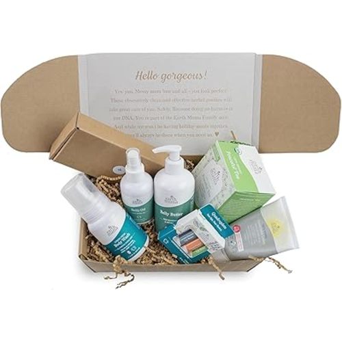 Earth Mama Pregnancy Pampering Gift Set|Organic Body Wash, Belly Butter, Lip Balm Set, Mini Deodorant Pack, Herbal Tea, Belly Oil & Sunscreen, 7 Pcs