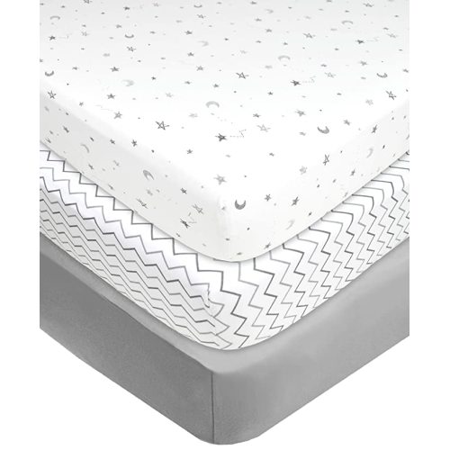 American Baby Company 100% Natural Cotton Value Jersey Knit Fitted Portable/Mini-Crib Sheet, Grey Star/Zigzag, 24" x 38" x 5", Soft Breathable, for Boys and Girls, Pack of 3