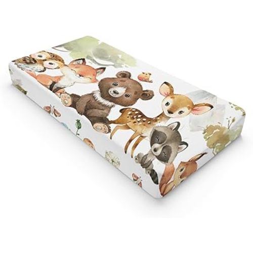 HawSkgFub Woodland Animal Friends Changing Pad Cover for Baby Girl Boy, Natural Forest Deer Bear Fox Owl Diaper Change Table Covers, Soft Stretchy Safe Snug Fitted Changing Mat Sheet Fit 32"/34" x 16"