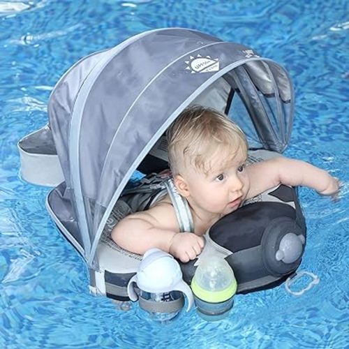 Mambobaby Float Upgrade Add Tail Baby Float with Canopy for Infant Waist Swimming Ring Swim Trainer Non-Inflatable Floats Toys with Adjustable Safety Strap (Grey Airplane)
