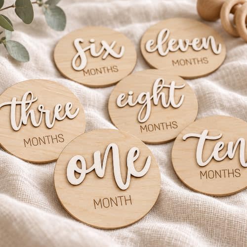 Milestone Wooden Circles for Monthly Baby: Newborn Age Milestone Signs Cards for Hospital - Month Markers Discs for New Boys and Girls