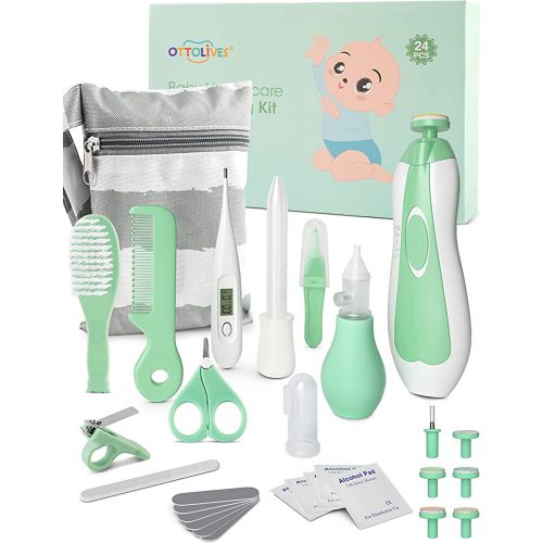 OTTOLIVES Baby Healthcare and Grooming Kit, 24 in 1 Baby Electric Nail Trimmer Set Newborn Nursery Health Care Set for Newborn Infant Toddlers Baby Boys Girls Kids (0-3 Years+) (Upgrade Green)