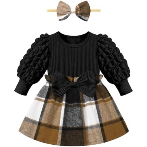 Qaoerde Baby Girl Dress Puff Sleeve Plaid Dress Ribbed Newborn Dress Clothes Fall Winter Outfits with Bowknot Headband