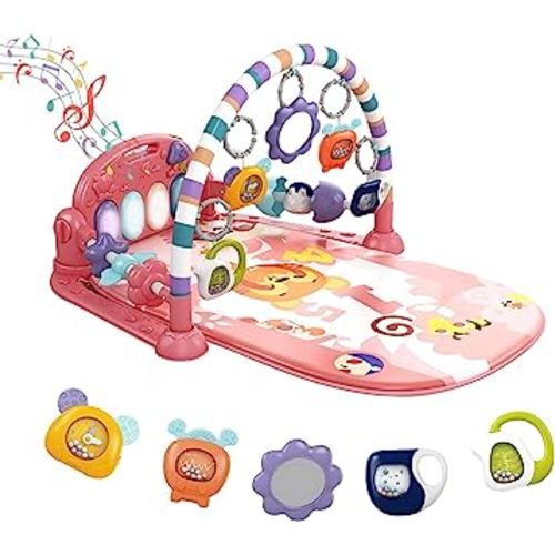 dearlomum Baby Play Mat Baby Gym,Funny Play Piano Tummy Time Baby Activity Mat with 5 Infant Sensory Baby Toys, Music and Lights Boy & Girl Gifts for Newborn Baby 0 to 3 6 9 12 Months (Pink)