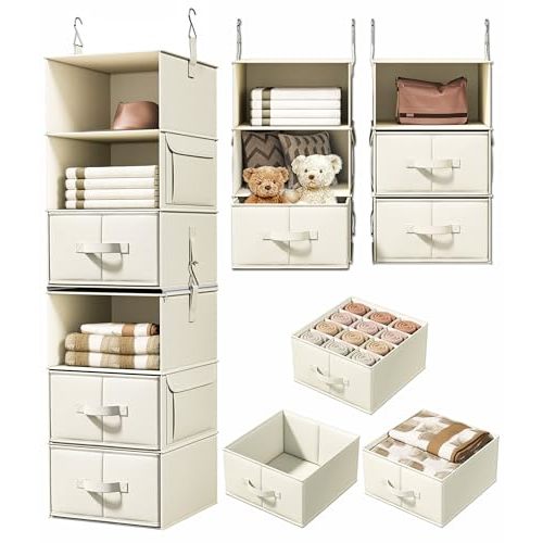 Vailando 6-Shelf Hanging Closet Organizer with 3 Drawers, 2 Separable 3-Shelf Closet Organizers and Storage for Wardrobe Organization, Hanging Dresser for Nursury & Dorm Clothes Organizer, Beige