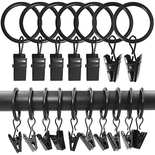 100 Pack Curtain Rings with Clips, Curtain Clip Rings Hooks, Bow Hanger Clips for Hanging Drapery Drapes Bows, Ring 1 inch Interior Diameter, Fits up to 5/8" Rod, Black