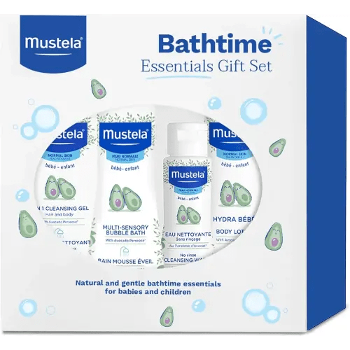 Mustela Baby Bath Time Essentials Gift Set - Natural & Plant-Based Baby Skin Care - 4 Items Set