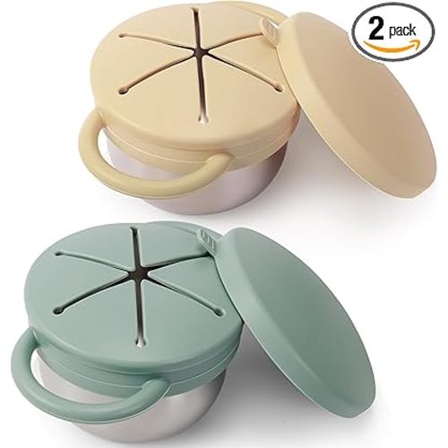 2 Pack Stainless Steel Spill Proof Snack Cup for Baby Toddlers Kids, with Silicone Food Catcher, Travel Lid, Spill-Proof Bowl Containers, Non Toxic BPA Free (Ash Green and Off-white)