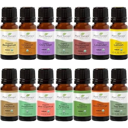 Plant Therapy Top 14 Organic Essential Oil Singles Set 100% Pure Essential Oils, Undiluted, Natural Aromatherapy for Diffusion and Body Care 10 mL (1/3 oz) Each