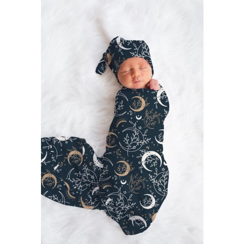 Celestial Moons Swaddle Set, Bohemian Baby Boy Beanie Hat, Navy Blue Stars Baby Girl Headband / Bow, Cosmic Newborn Outfit, Boho Shower Gift
