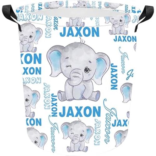 Personalized Laundry Hamper Custom Kids Dirty Clothes Hamper with Name Storage Basket for Bathroom Bedrooms Nursery for Baby Girls Boys Adults (Style-Blue Elephant)