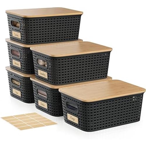 Small Storage Bins with Bamboo Lid, Plastic Storage Box with Lid, 5QT Stackable Organizing Basket with Lable, Storage Container for Classroom, Office, Closet, Shelf Organization, 10x7x4 In-Black-6 Pcs