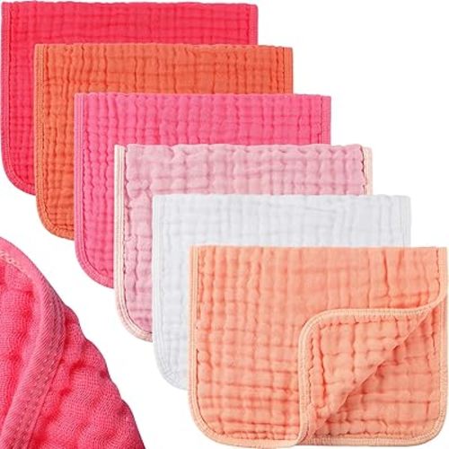 Hicarer 6 Pcs Muslin Burp Cloths Pure Cotton Baby Burping Rags 20 x 10 Inch 6 Layers Spit up Rags Neutral Large Soft Absorbent Multicolor Muslin Washcloths Diapers for Newborn Girl Boy (Pink Series)