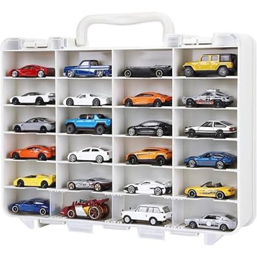 Hot Wheels Storage Case: Carrying Display Case for 1/64 Scale Toy Cars, 48-Slot Double-Sided Transparent Organizer with Built-in Steps Prevent Sliding & Adjustable Dividers