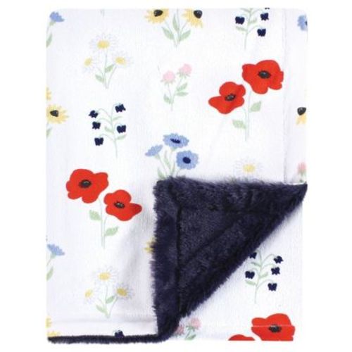 Hudson Baby Girls Plush Blanket With Furry Binding And Back, Wildflower, One Size