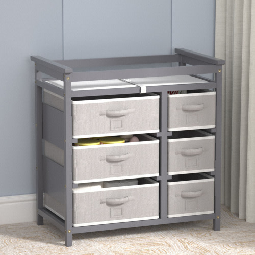 KORIMEFA Baby Changing Table with Laundry Hamper, 6 Storage Drawers and Pad, Changing Table Dresser, Baby Diaper Change Station, Gray