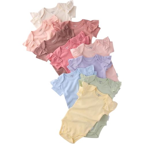 Rory 10-Pack Short Sleeve Ruffle Shoulder Bodysuits 100% Organic Cotton for Baby Girls