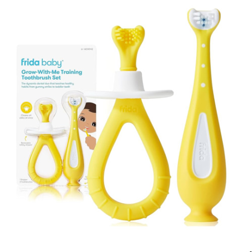 Frida Baby Grow-with-Me Baby Toothbrush Training Set | Infant to Toddler Toothbrush 0-12 months, Cleans All Sides at Once, Oral Care for Sensitive Gums | Yellow