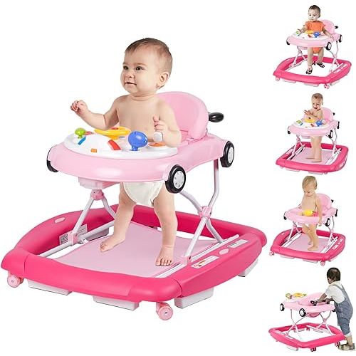 5-in-1 Baby Walker with Wheels, Activity Walker, Car, Bouncer & Rocker - Adjustable Music, Speed Wheels & Height - Ages 7-18 Months (Pink)