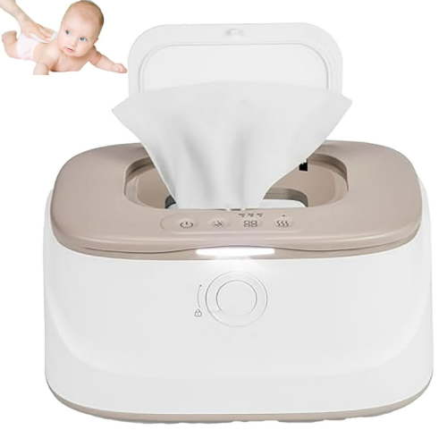 Baby Wipe Warmer with Innovative Spring & Child Lock Design, Large Capacity Wipes Dispenser, 3 Modes of Temperature Heating Control, Diaper Wipe Warmer with Night Light (White+Grey)