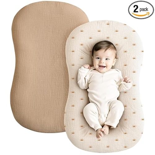 Konssy Muslin Baby Lounger Cover 2 Pack, 100% Cotton Newborn Lounger Cover, Soft and Breathable Baby Nest Slipcover for Boys Girls (Camel,Sun)