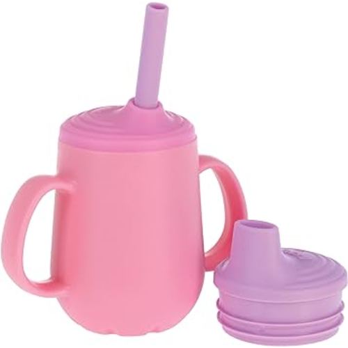 Nuby 3-Stage Training Cup Set - Silicone Tumbler with Spout and Straw Combo - 4 oz - 6+ Months - Pink and Purple