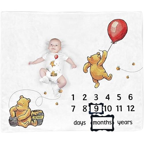 The Pooh Bear Baby Stuff, Honey Baby Monthly Milestone Blanket for Newborn Baby Boy & Girl Photo Taken - Baby Age Blanket with 2 Frame