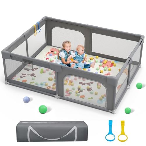 Palopalo Baby Playpen, 71"x59" Extra Large Playard for Babies and Toddlers, Baby Activity Center with 8 Suction Cup Bases, Infants Play Pen with 2 Gates and Soft Breathable Mesh, Without Mat