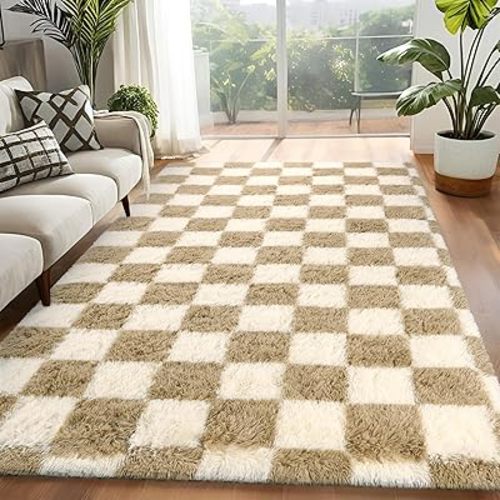 Rugs for Bedroom Living Room, 4x6 ft Beige and White Checkered Area Rug, Fluffy Soft Washable Carpet, Modern Non-Slip Shag Carpets for Boys Girls Nursery Home Aesthetic Decor