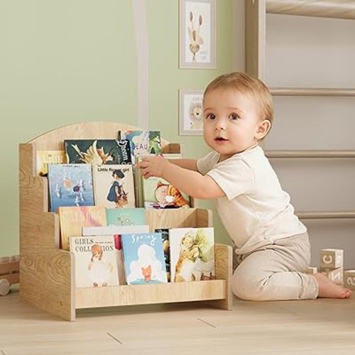 NACHES Wooden 4 Tier Mini Montessori Bookshelf, 12 inch Small Front Facing Kids Bookshelf Book Display Shelf, Toddler Bookcase Postcard Book for Nursery, Natural