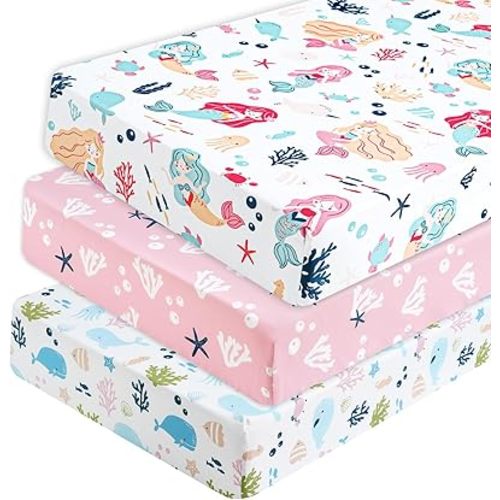 PHF 3 Pack Soft Mermaid Crib Sheets Fitted, Silky Comfy Breathable Baby Sheets for Boys Girls Neutral, 28x52 Inches Fits Standard Crib and Toddler Mattresses, Mermaid