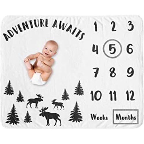 Sweet Jojo Designs Woodland Moose Boy Milestone Blanket Monthly Newborn First Year Growth Mat Baby Shower Memory Keepsake Gift Picture - Black and White Forest Adventure Awaits Rustic Patch