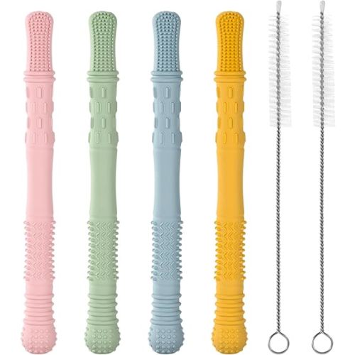 Baby Teething Tubes Teether Sticks, 4 Pack Silicone Hollow Teething Sticks for Babies 6-12 Months Infant Teething Relief Chew Tubes Toddler Teething Straws Baby Gifts Teethers for Kids Girls Boys