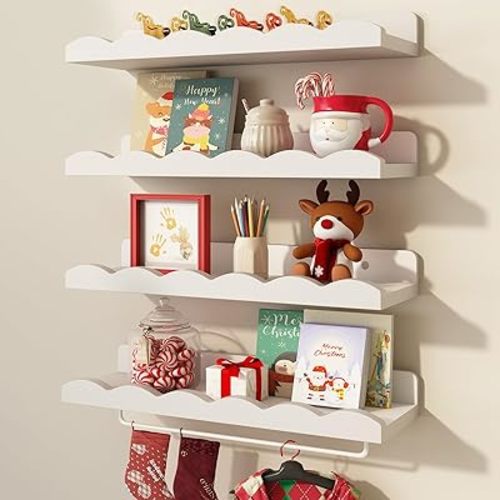 Fixwal Nursery Shelves, 16.5 Inch Floating Bookshelves for Wall Set of 4, Scalloped Wall Book Shelves with Towel Rack for Kids, Toddler Room, Baby Room, Nursery Decor and Storage(White)