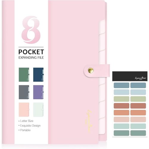 Sooez Elegant Accordion File Organizer with Labels, 8 Pocket Expanding File Folder, Portable Folders for Documents, Cute Paper Organizer for School Office Supplies, Letter Size, Blush