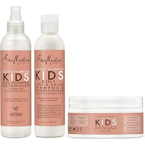SheaMoisture Kids Extra Moisturizing Detangler, 2-In-1 Curl & Shine Coconut Hibiscus Shampoo & Conditioner, and Curling Butter Cream for Curly Hair 3 Count