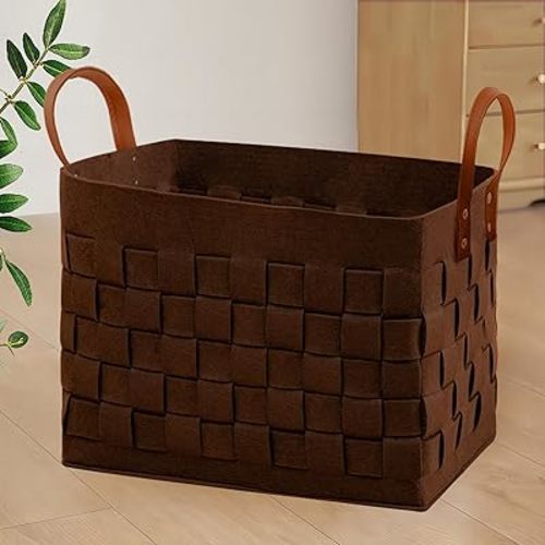 boldmonkey Laundry Basket 16.5 " x13 x13 , Large Rectangular Felt Fabric Blanket Basket with Leather Handle, Dirt Clothes Laundry Hamper for Babies, Dogs and Living Room-Brown