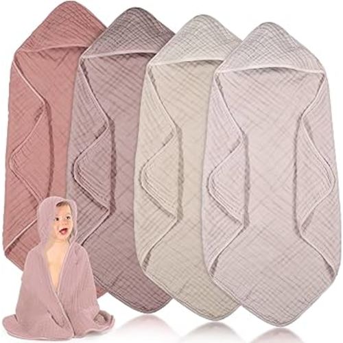 Peryiter 4 Pcs Muslin Hooded Baby Towels,32"x 32" Cotton Newborn Bath Towel Muslin Infant Baby Blankets Absorbent Unisex Newborn Registry Gift for Girls Boys (Beige Series)