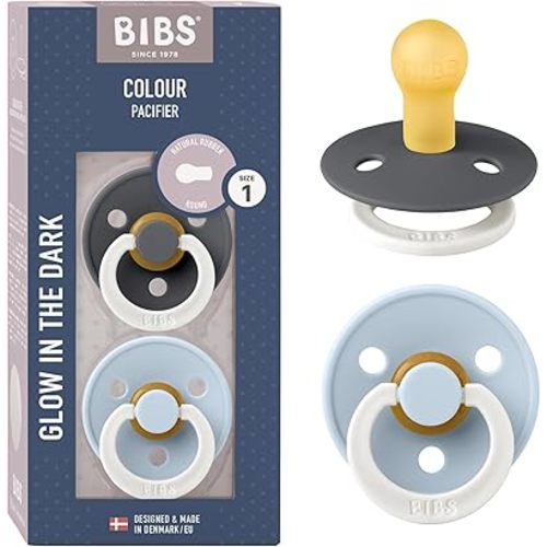 BIBS Schnuller Colour 2er Pack, Naturkautschuk, dänische Schnuller mit Kirschform. (Iron Night/Baby Blue Night, Größe 1 (0-6 Monate))