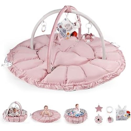 Baby Play Gym Mat, 50" x 50" Large 6-in-1 Cozy Tummy-Time Playmat with 5 Toys, Sensory Motor Skill Development Gift, Machine Washable Activity Padded Floor Mat for Newborn (Pink)
