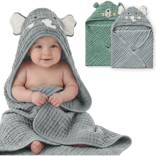 Blissful Diary Muslin Baby Hooded Towel 2 Pack, Soft & Absorbent Bath Towel for Infant, Toddler, Unisex, Baby Gift, Newborn Essentials, Smart Bear & Wise Elephant