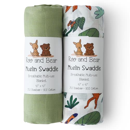 Muslin Swaddle Blankets for Newborn Baby, Buttery Soft and Breathable Receiving Blanket Bamboo Rayon and Cotton Blend, Large Size 47 x 47 Inch, 2 Pack of Green and Jungle Animals