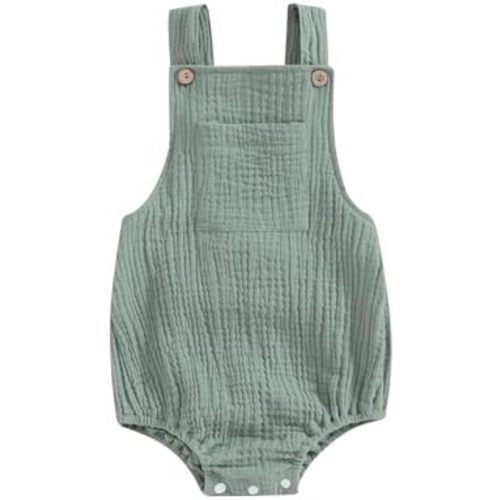 Sasaerucure Baby Cotton Linen Overalls Solid Color Sleeveless Square Neck Backless Romper for Boys Girls