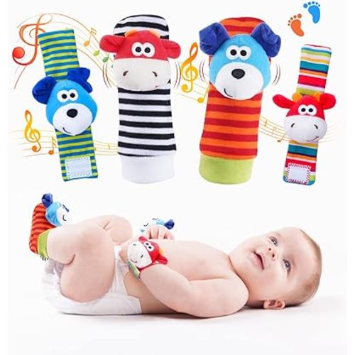 Koty Baby Wrist Rattles Foot Finder Toys Set, Toddler Rattle Sock, Arm Hand Bracelet, Feet Leg Ankle Socks, Gift for Newborn Infant Babies Boy Girl Bebe(Dog & Cow)
